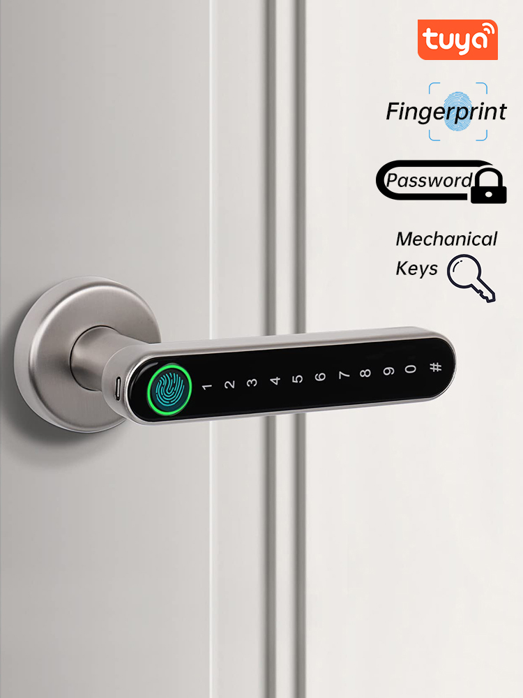 Smart Home Registration - KAK ล็อคประตูลายนิ้วมือสมาร์ทสีดำล็อคประตูไบโอเมตริกซ์รหัสผ่านล็อคประตูทางเข้าแบบไร้กุญแจพร้อมที่จับฮาร์ดแวร์ประตูเพื่อความปลอดภัย