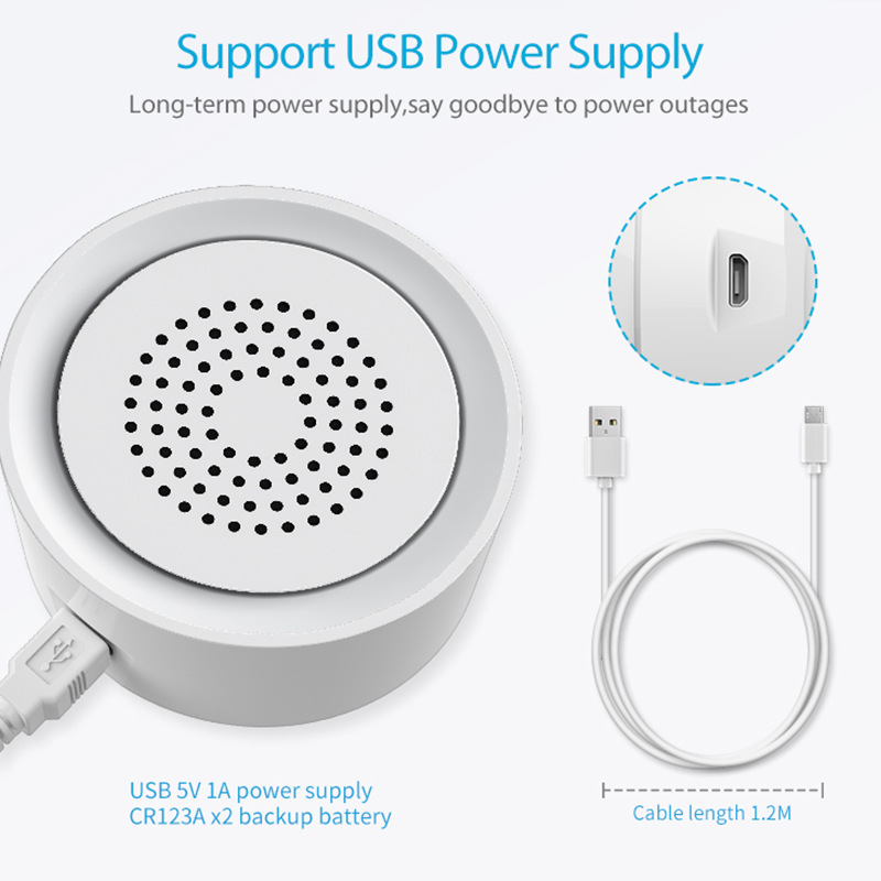 Smart Home Nas - ไซเรนระบบสมาร์ทโฮม Tuya พร้อมเซ็นเซอร์วัดอุณหภูมิและความชื้น เสียงดัง 90dB รองรับการจ่ายไฟผ่าน