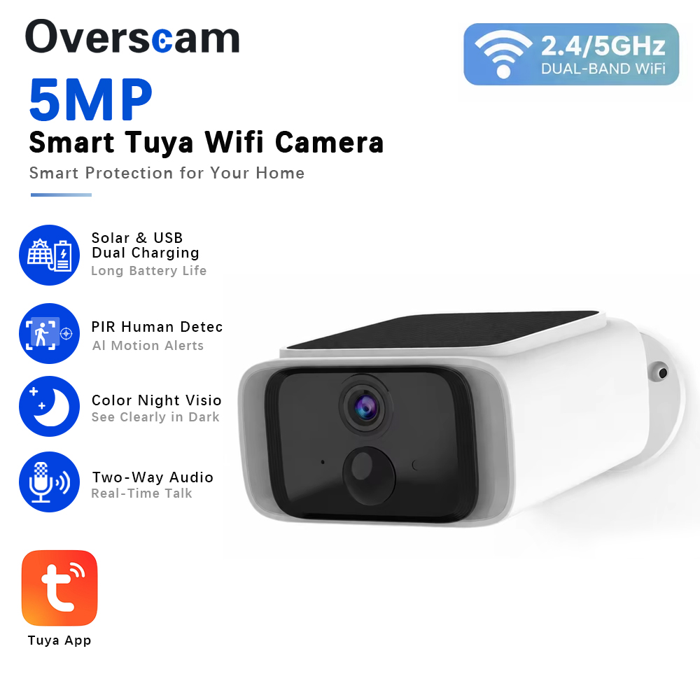 Smart Home Outdoor Camera - กล้องวงจรปิดพลังงานแสงอาทิตย์ Tuya 5MP ไร้สายสำหรับภายนอกอาคาร รองรับ WiFi
