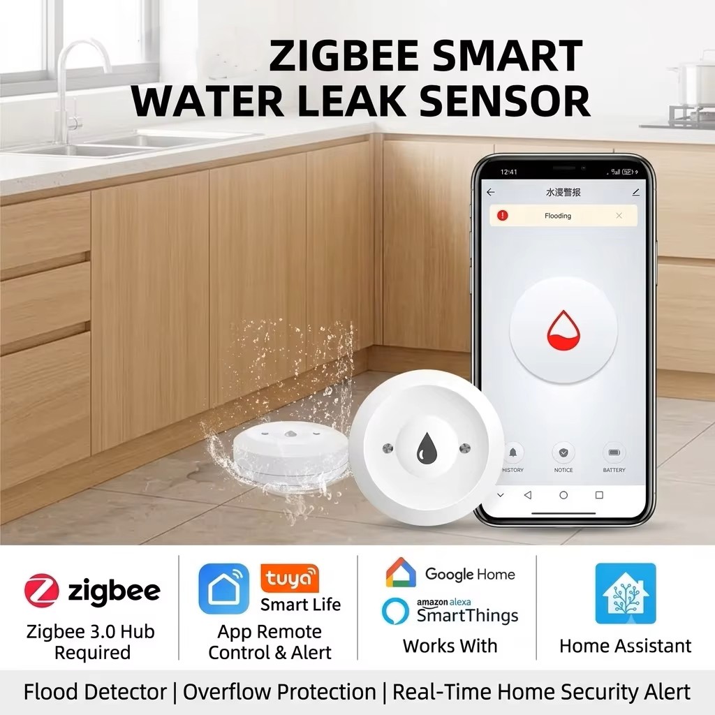 Smart Home Group - เซ็นเซอร์ตรวจจับน้ำรั่วอัจฉริยะ ZigBee 3.0 เครื่องตรวจจับน้ำท่วมไร้สาย สัญญาณเตือนน้ำรั่วและน้ำล้น ระบบความปลอดภัยบ้านอัจฉริยะ