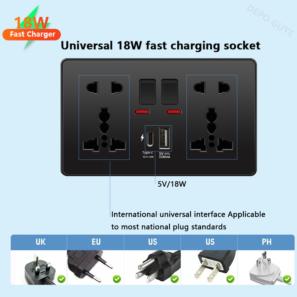 Universal สีดํา USB Type-C 18W - Smart Wall Socket บทวิจารณ์และราคา
